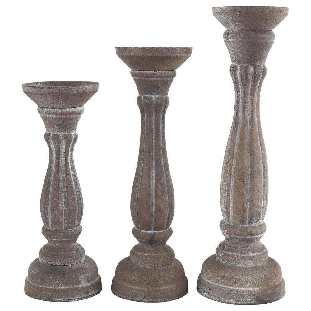 Maple and Jade Turned Pillar Decorative Candle Holder in Washed Brown (Set of 3), , large