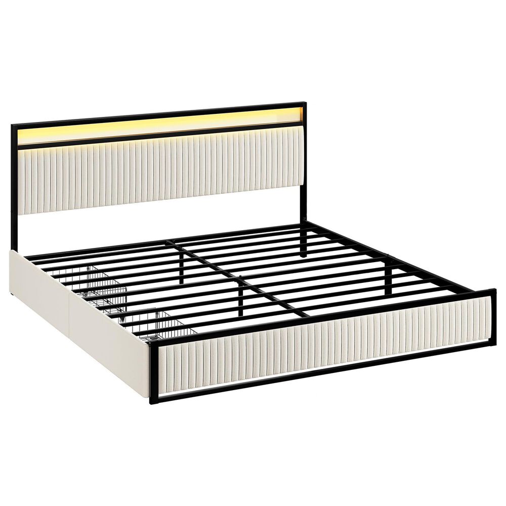 HOMLUX 2-Drawer King Storage Bed with LED Headboard and USB Ports in Beige, , large