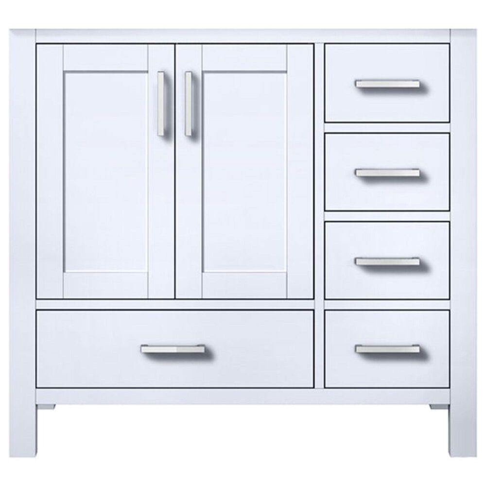 Lexora Home Jacques 36&quot; Left Offset Single Bathroom Vanity in White with 2 cm White Carrara Marble Top and Rectangular Sink, , large