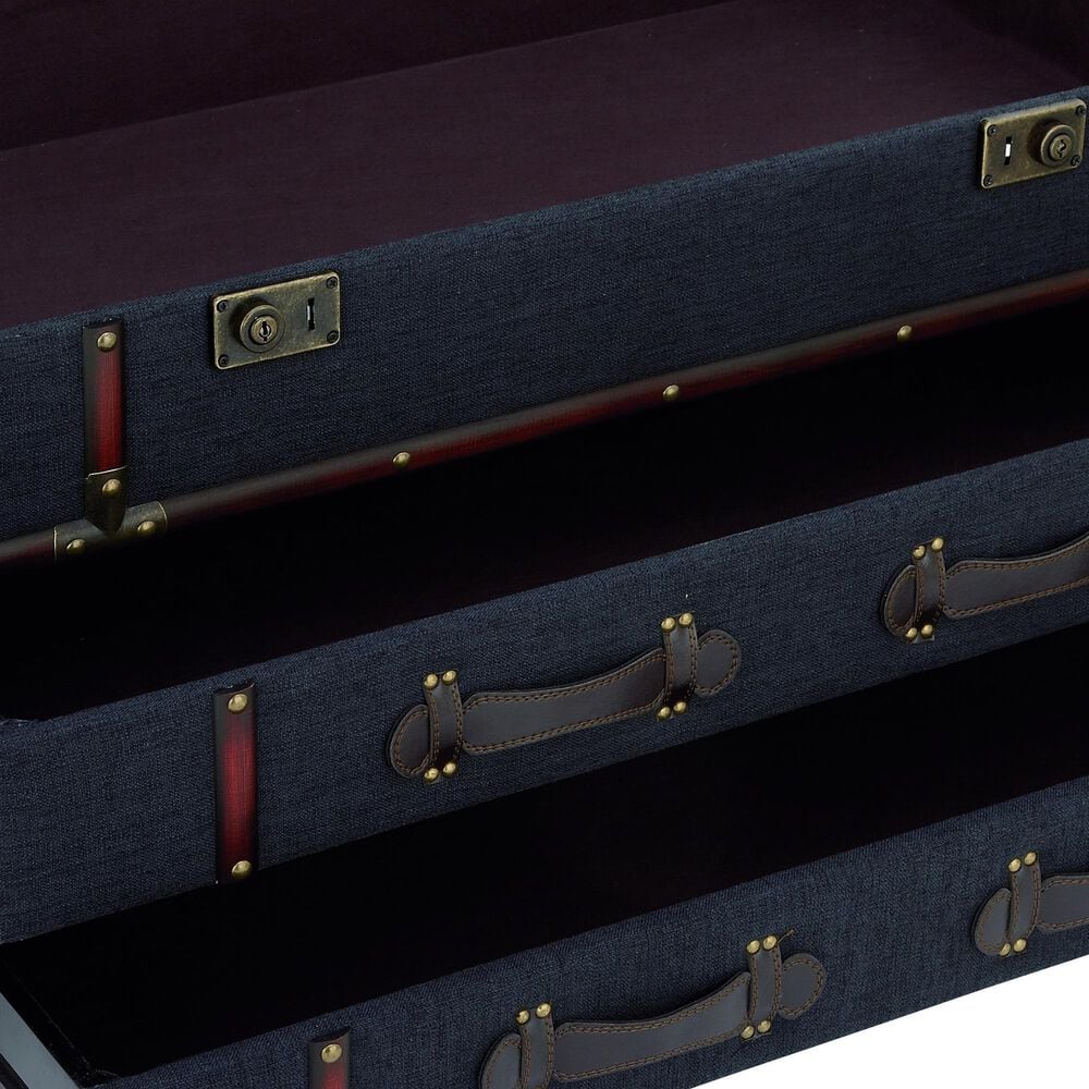 Maple and Jade Upholstered 2-Drawer Coffee Table with Buckle Hinged Top in Dark Blue, , large