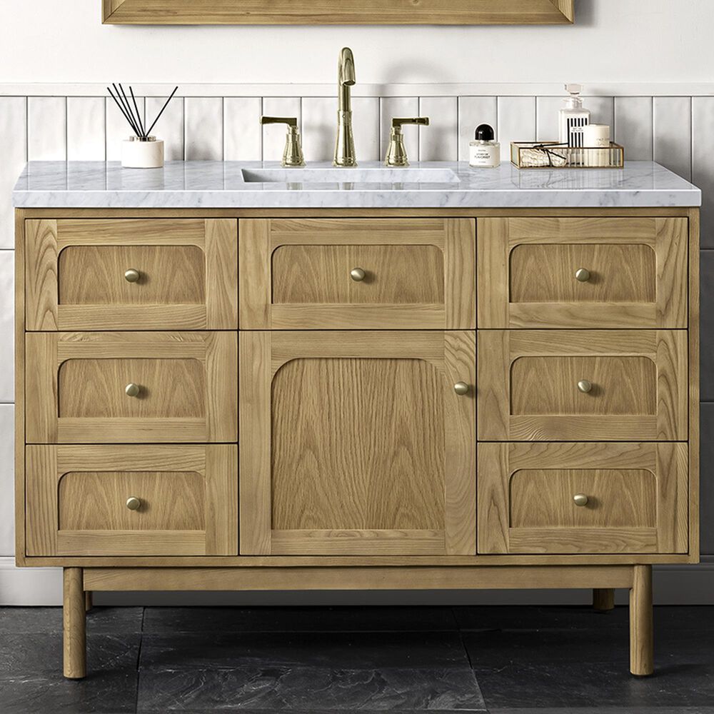 James Martin Vanities Laurent 48&quot; Single Bathroom Vanity in Light Natural Oak with 3 cm Carrara White Marble Top and Rectangular Sink, , large