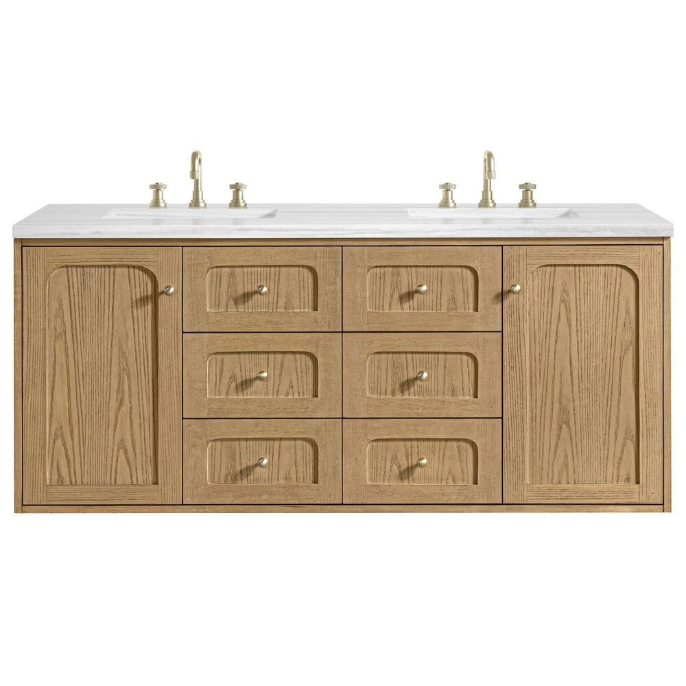 James Martin Vanities Laurent 60&quot; Double Bathroom Vanity in Light Natural Oak with 3 cm Arctic Fall Solid Surface Top and Rectangular Sinks, , large
