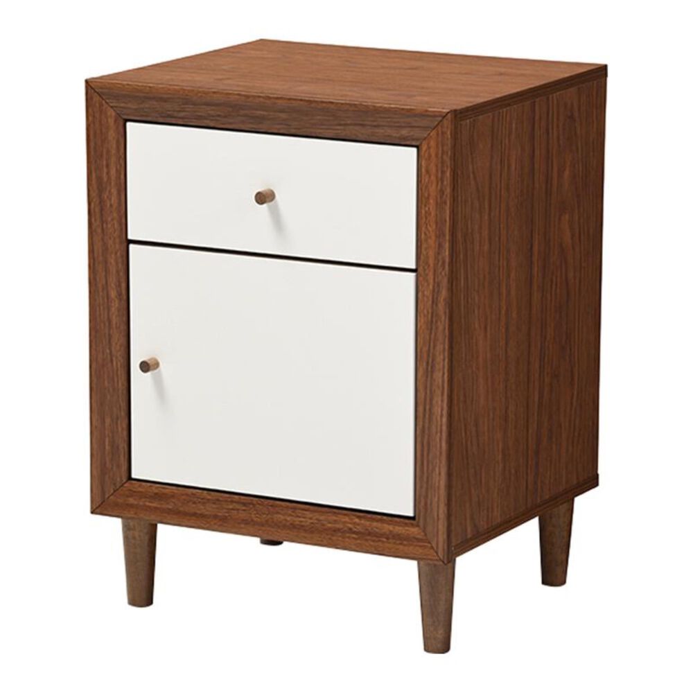 Baxton Studio Harlow 1 Drawer Nightstand with Door in White and Walnut, , large