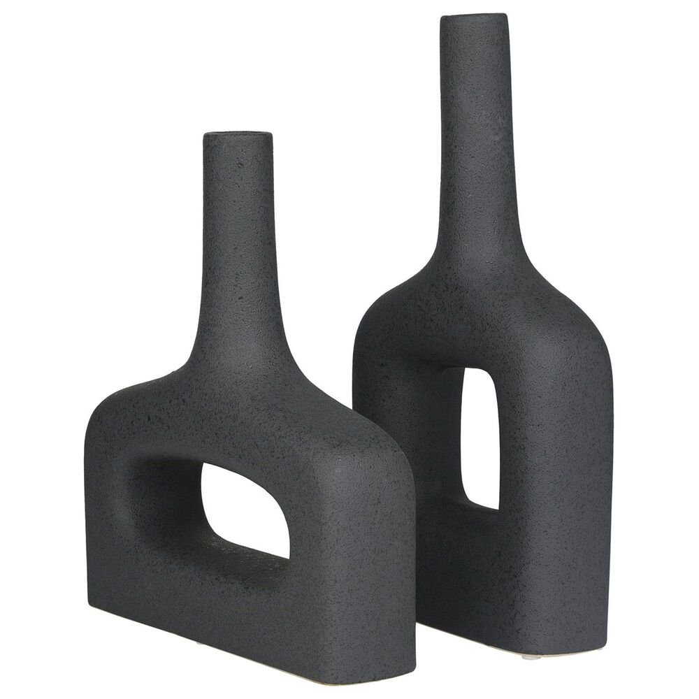 Maple and Jade 2-Piece Donut Shaped Decorative Vase Set in Matte Black, , large