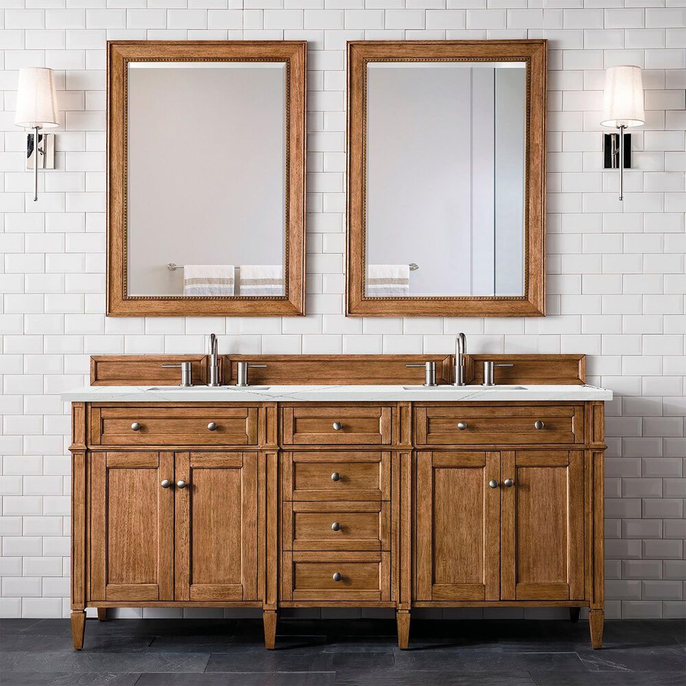James Martin Vanities Brittany 72&quot; Double Bathroom Vanity in Saddle Brown with 3 cm Ethereal Noctis Quartz Top and Rectangular Sink, , large