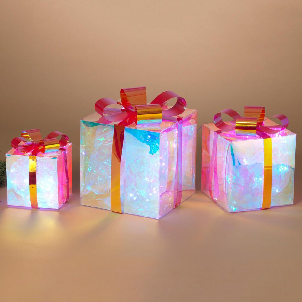 The Gerson Company 3-Piece USB Electric RGB Lighted Holographic Holiday Gift Box Set in White, , large