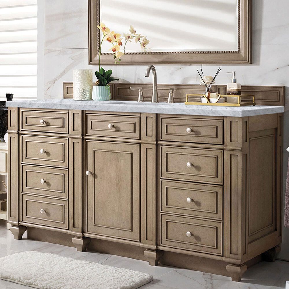 James Martin Vanities Bristol 60&quot; Single Bathroom Vanity in Whitewashed Walnut with 3 cm Carrara White Marble Top and Rectangular Sink, , large