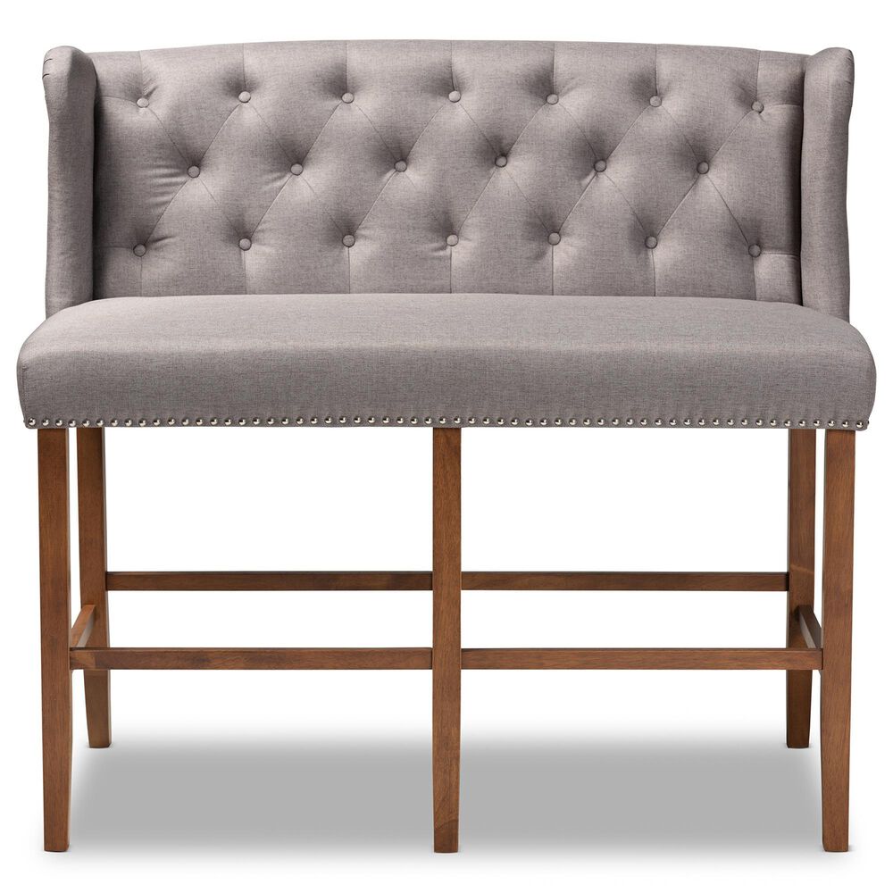 Baxton Studio Alira Bar Stool Bench with Grey Cushion in Walnut, , large