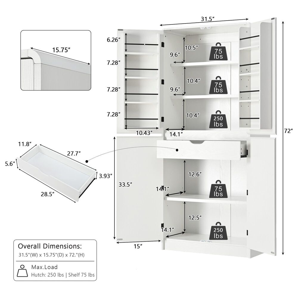 HOMLUX HOMLUX 72" Tall Farmhouse Kitchen Pantry Cabinet with 8 Door Shelves, Curved Design Storage Cabinet with 3 Adjustable Shelves, Hidden Drawer, Versatile Cupboard for Kitchen, Dining &amp; Bathroom, White, , large