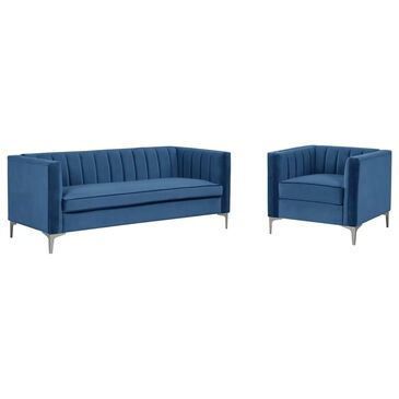 Morden Fort Channel Tufted 2-Piece Stationary Chair and Sofa in Blue Velvet, , large