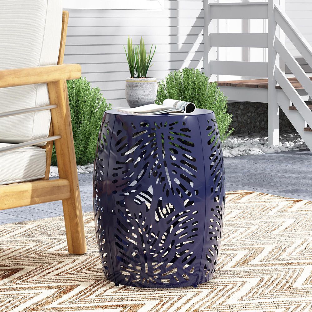 Hearth and Haven Outdoor Side Table with Tropical Palm Leaf Pattern in Navy Blue, , large
