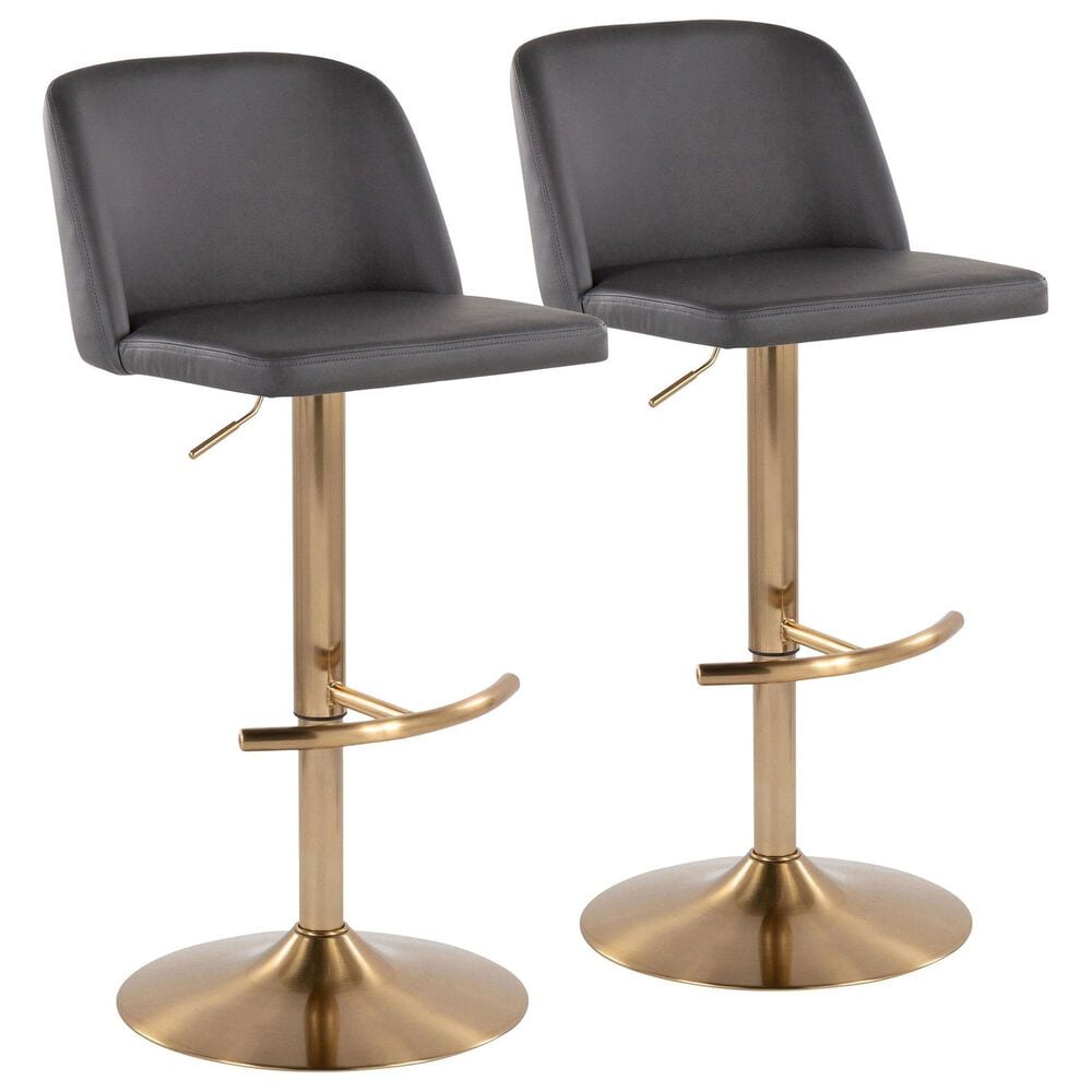 LumiSource Toriano Swivel Adjustable Bar Stool with Grey Faux Leather Upholstery in Gold (Set of 2), , large