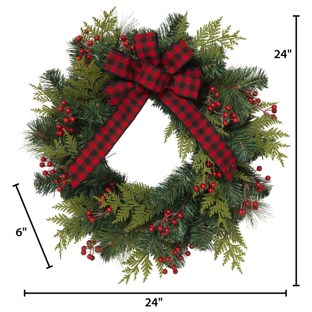 The Gerson Company 24&quot; Holiday Pine Wreath with Berries, Bow in Green, Red and Black, , large