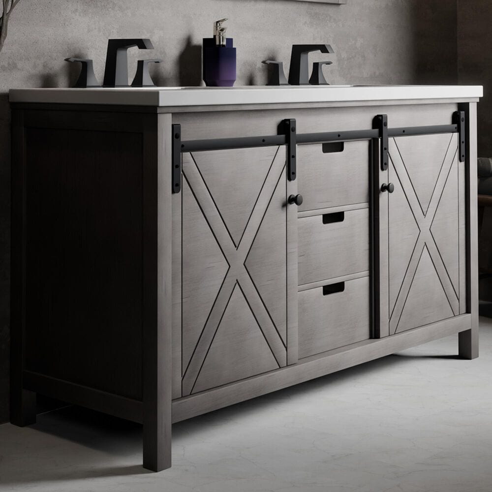 Lexora Home Marsyas 60&quot; Double Bathroom Vanity in Ash Grey with 2 cm White Cultured Marble Top and Rectangular Sinks, , large