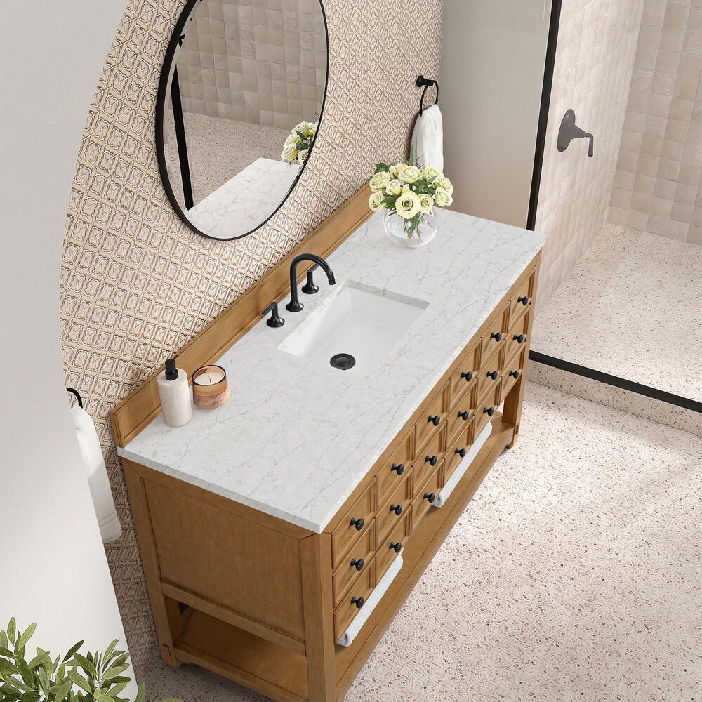 James Martin Malibu 60&quot; Single Bathroom Vanity in Amber Birch with 3 cm Eternal Jasmine Pearl Quartz Top and Rectangular Sink, , large