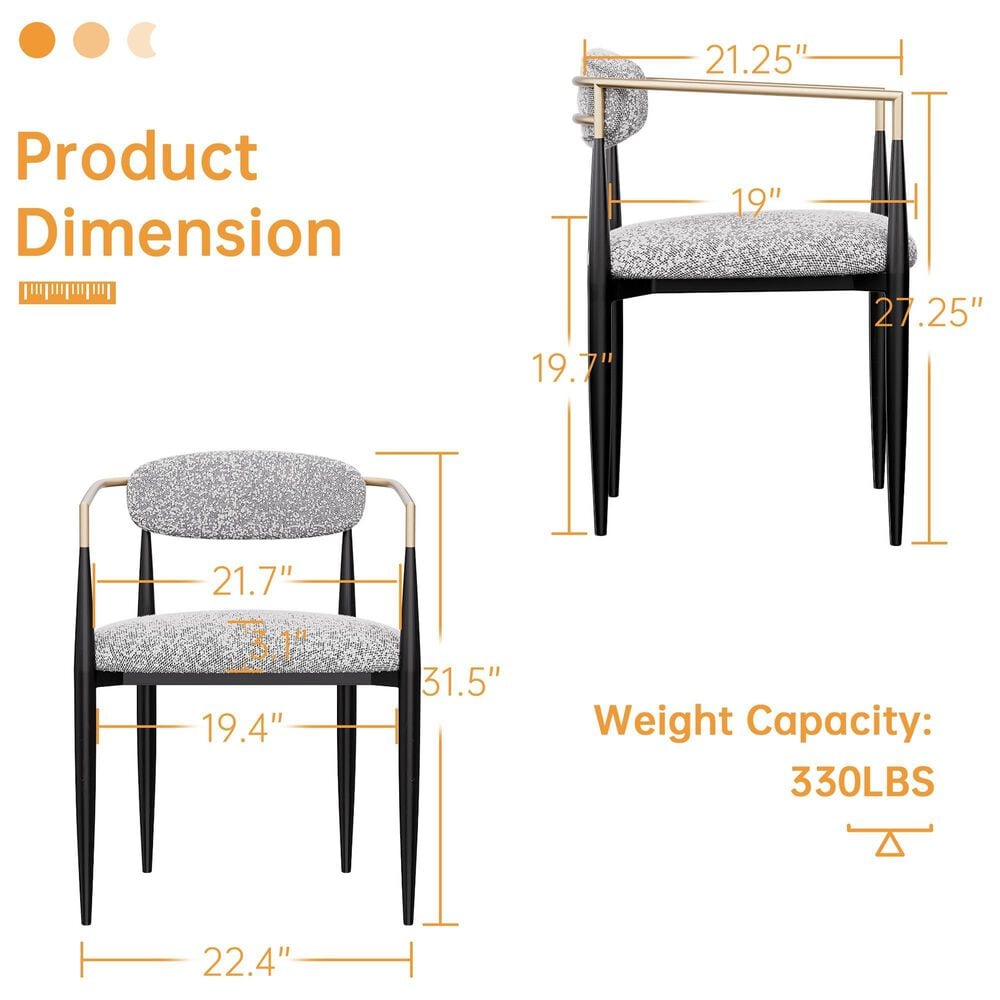 Morden Fort Modern Boucle Arm Chair with Grey Cushion in Black and Gold (Set of 2), , large