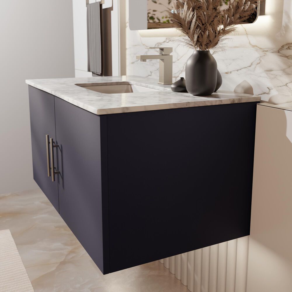 Lexora Home Geneva 36" Single Bathroom Vanity in Navy Blue with 2 cm White Carrara Marble Top and Rectangular Sink, , large