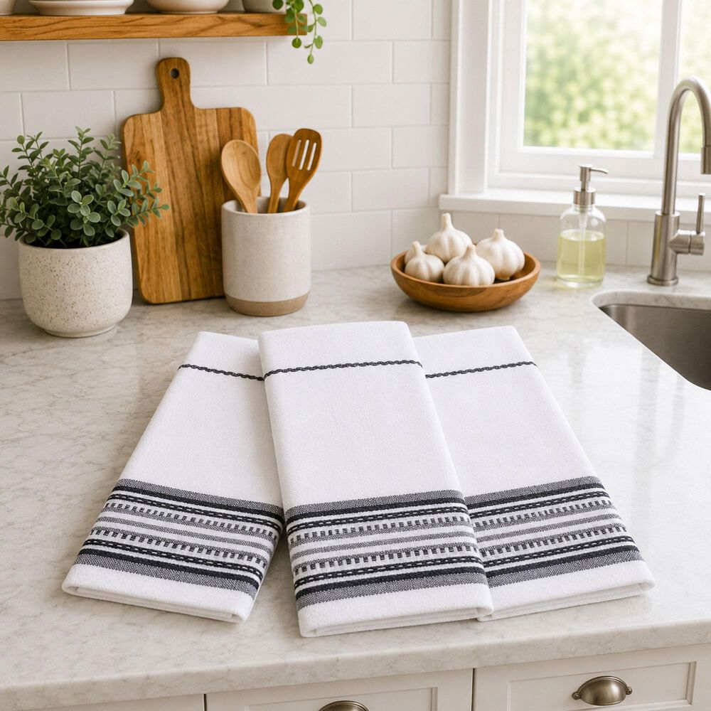Willow &amp; Hem Maison Turkish Cotton Kitchen Towel in Gray and Cream (Set of 3), , large