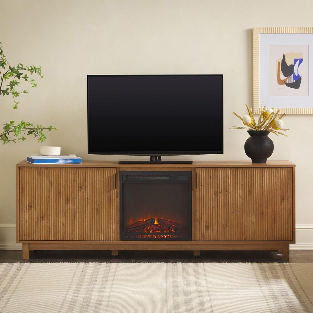 Walker Edison Arundo 70&quot; TV Stand with Freestanding Electric Fireplace in English Oak, , large