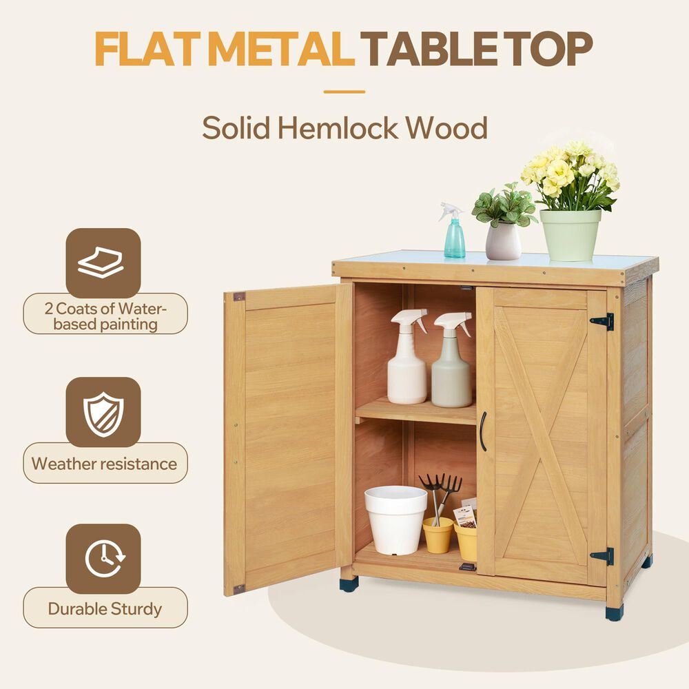 Hearth and Haven Outdoor Wooden Storage Cabinet with Metal Top and Adjustable Protective Footpad in Light Brown, , large