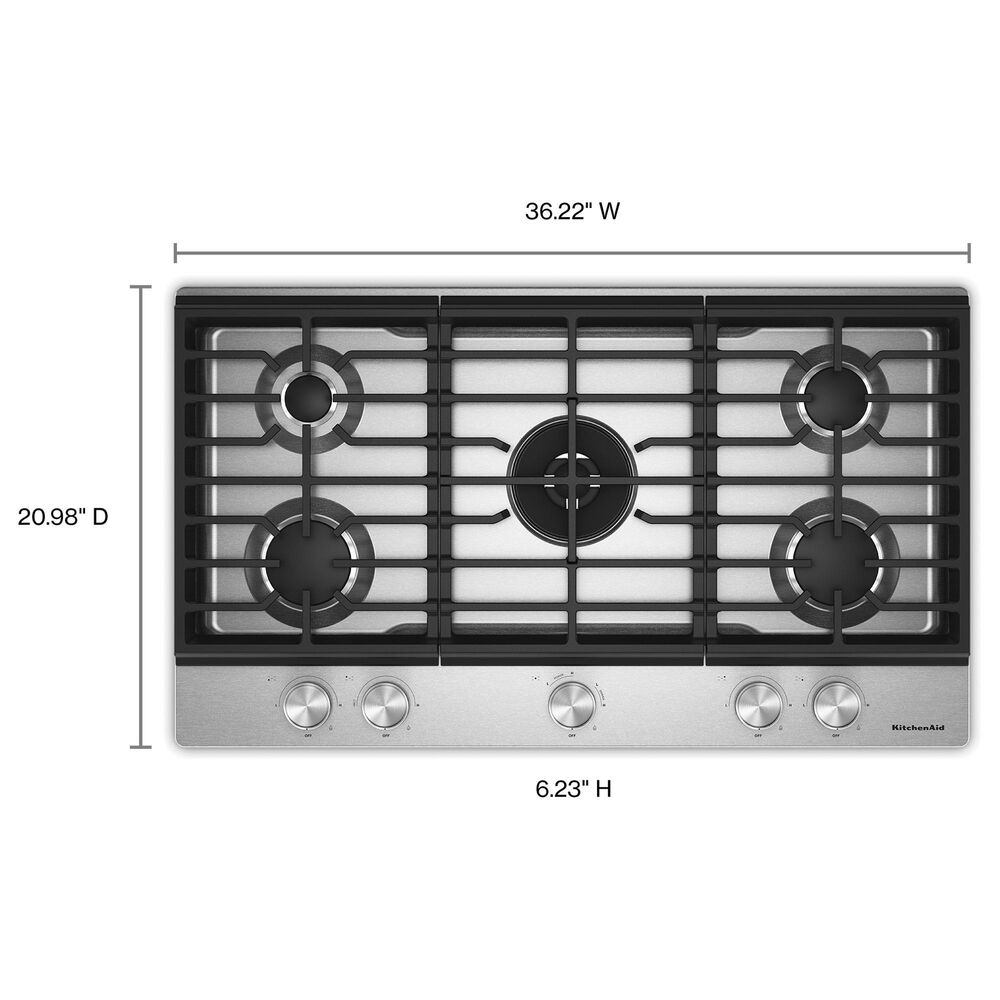 KitchenAid 36" Gas Cooktop with 5 Burners and Integrated Wok Grate in Stainless Steel, , large