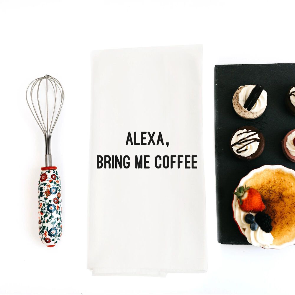 Wildwood Alexa Bring Coffee 30" x 30" Kitchen Towel in White, , large