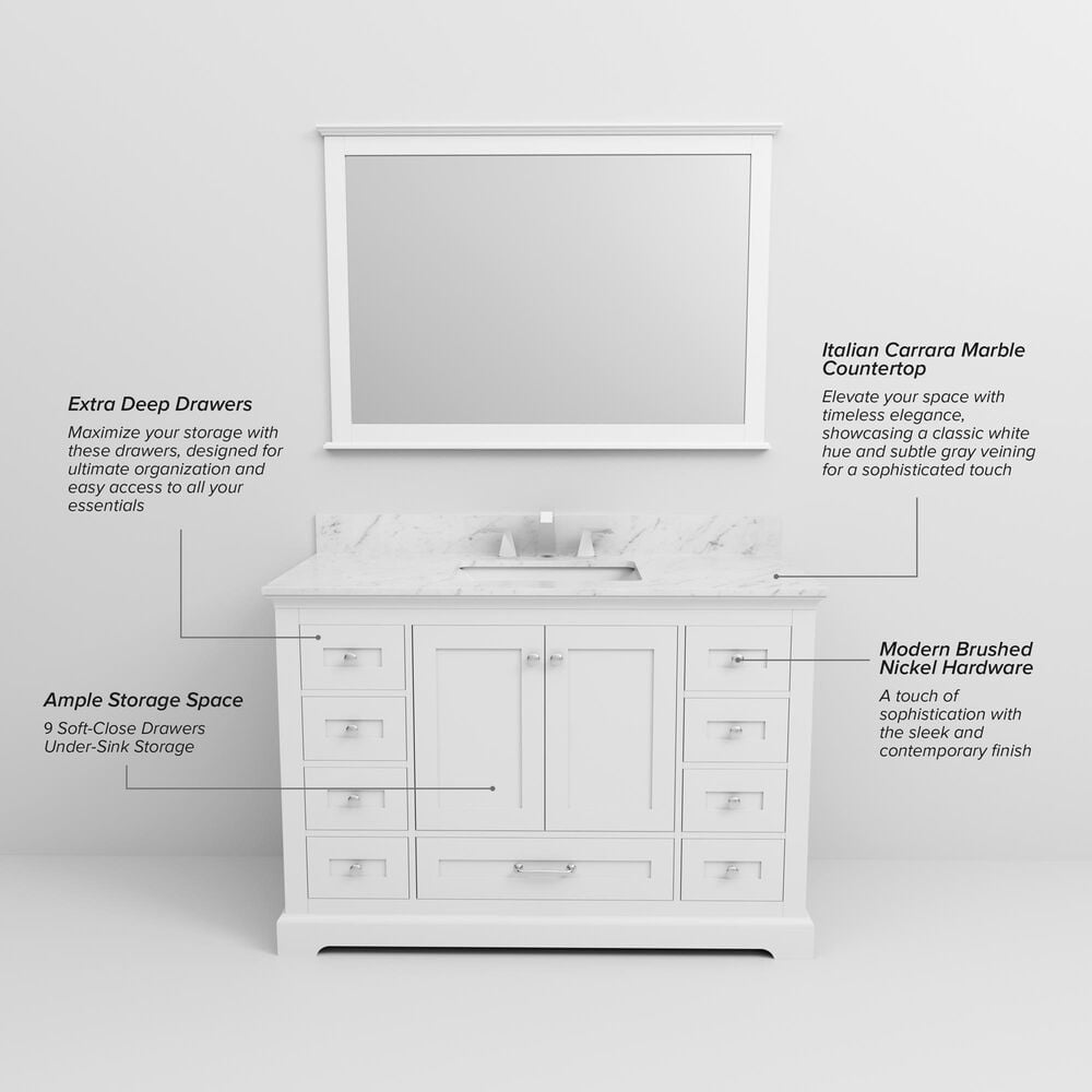 Lexora Home Dukes 48" Single Bathroom Vanity in White with 2 cm White Carrara Marble Top and Rectangular Sink, , large