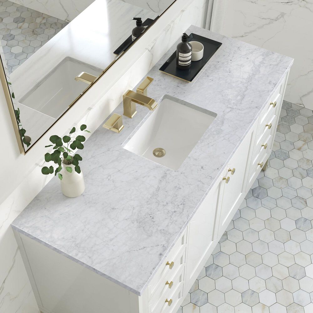 James Martin Vanities Chicago 60&quot; Single Bathroom Vanity in Glossy White with 3 cm Carrara White Marble Top and Rectangular Sink, , large