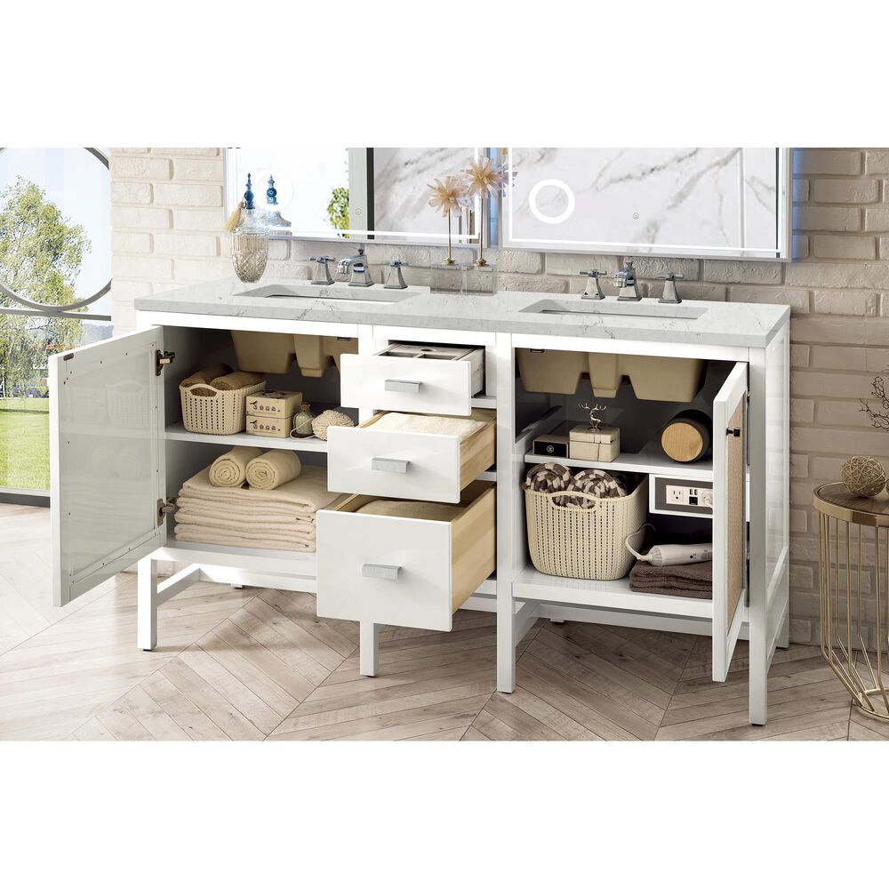 James Martin Vanities Addison 60&quot; Double Bathroom Vanity in Glossy White with 3 cm Eternal Jasmine Pearl Quartz Top and Rectangular Sinks, , large