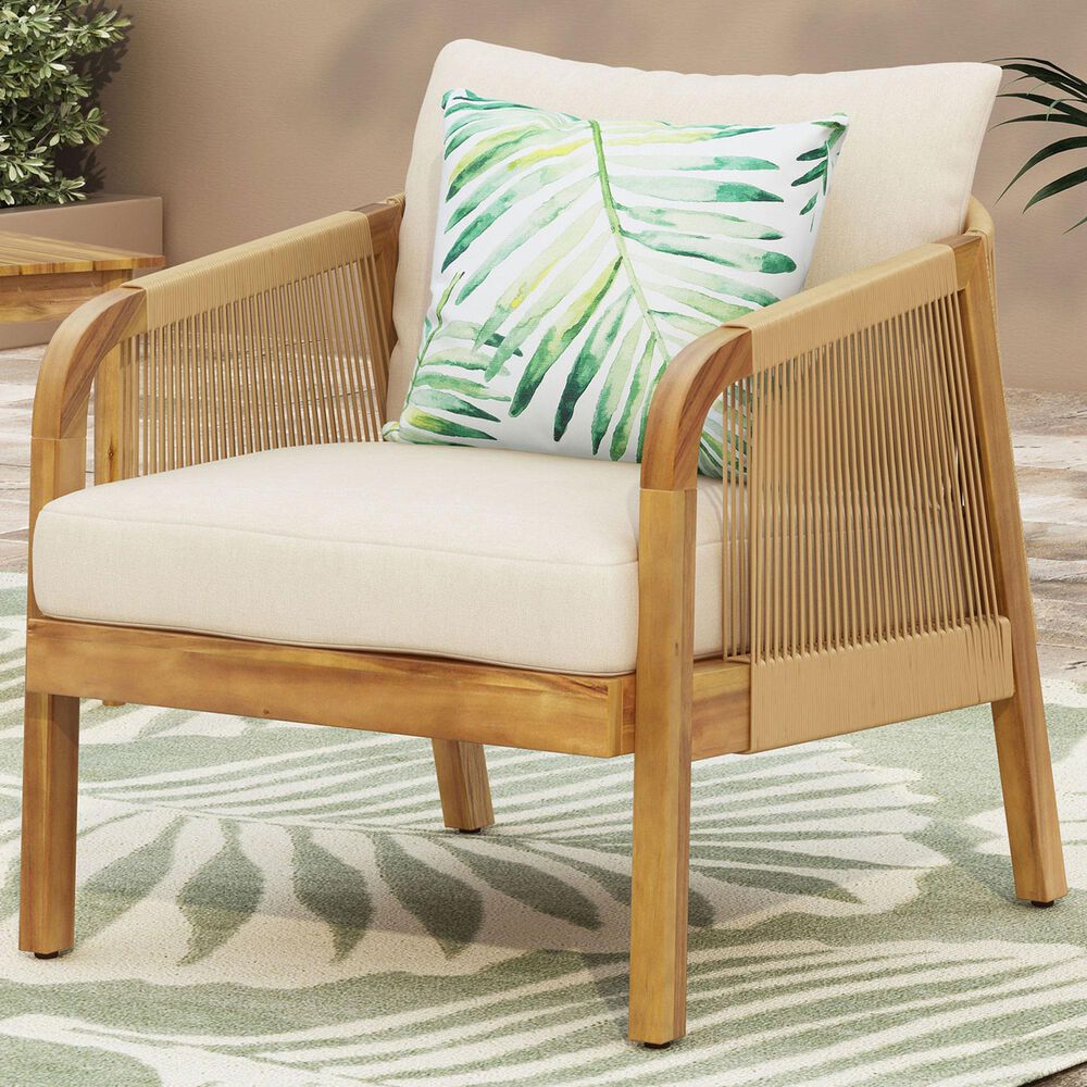Hearth and Haven Outdoor Deep Seating Club Chair with Beige Cushions and Faux Rattan Accent in Brown, , large