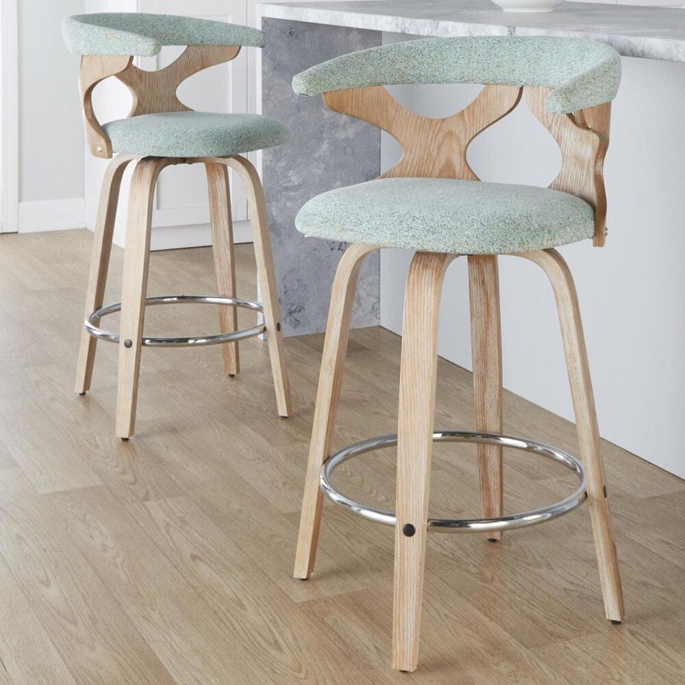 LumiSource Gardenia Swivel Fixed-Height Counter Stool with Seafoam Green Fabric Upholstery in Chrome and Whitewashed (Set of 2), , large