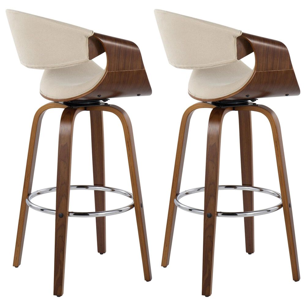 LumiSource Curvini 30" Swivel Barstool with Cream Upholstery in Walnut and Chrome (Set of 2), , large