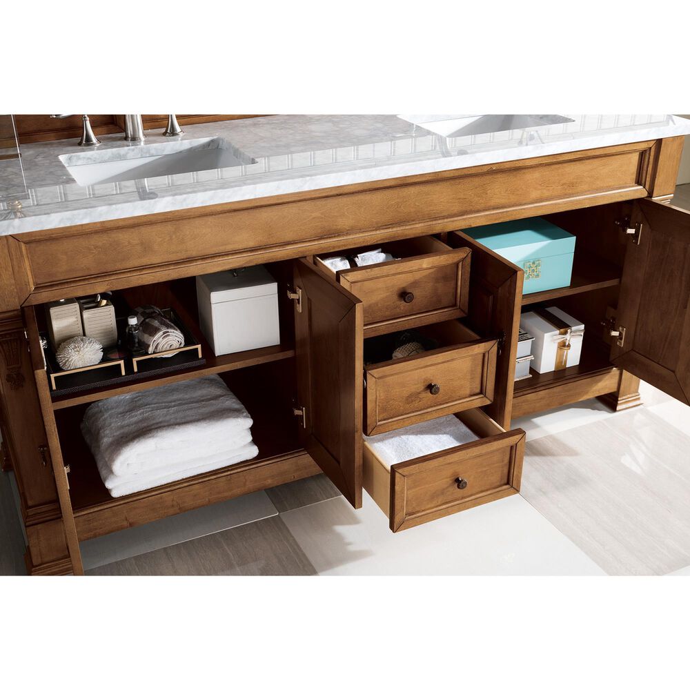 James Martin Vanities Brookfield 72&quot; Double Bathroom Vanity in Country Oak with 3 cm Carrara White Marble Top and Rectangle Sink, , large