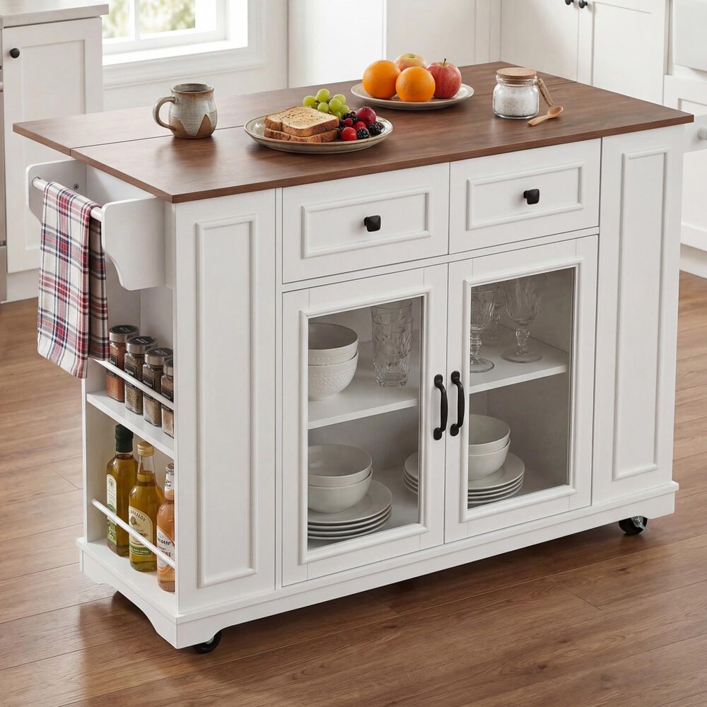 HOMLUX 54" Mobile Kitchen Island with Glass Door Storage in Walnut and White, , large
