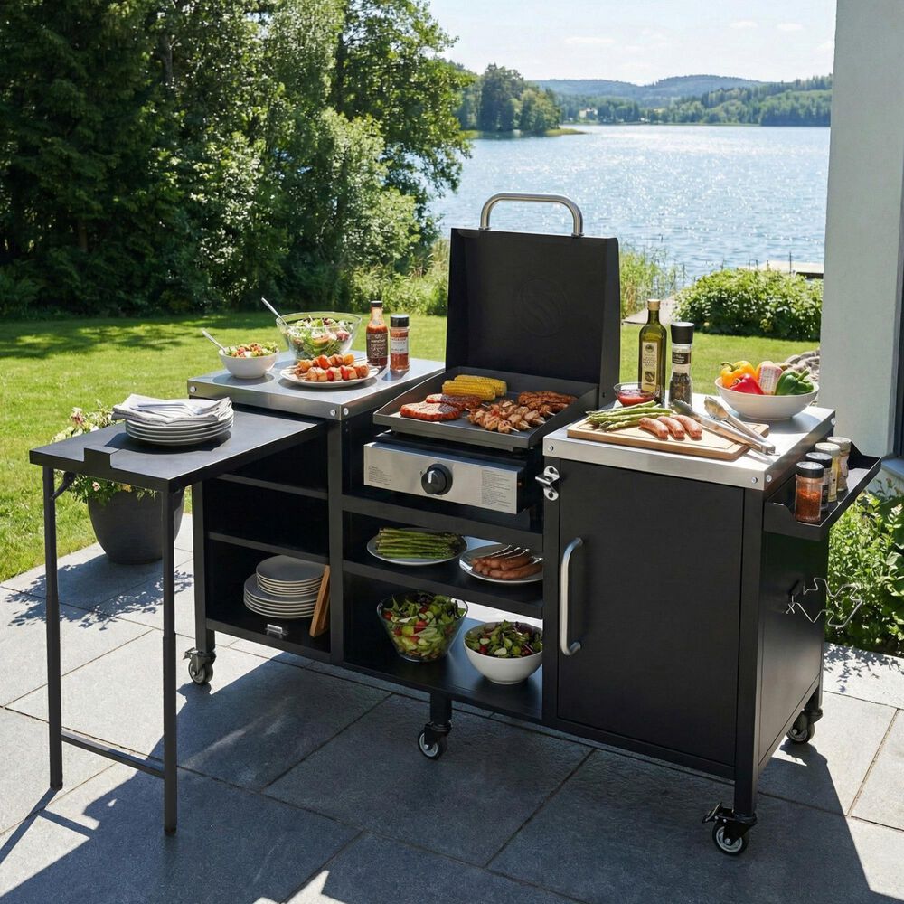 HOMLUX 72.4" Outdoor Kitchen Island with Large Fold-out Prep Table and Adjustable Shelves for Big Green Egg in Black, , large