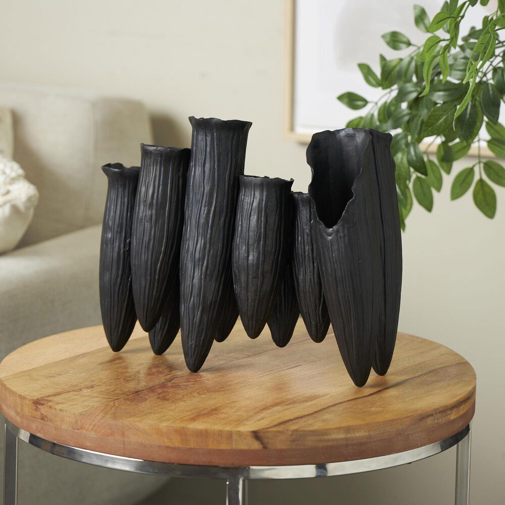 Maple and Jade Floral Inspired Abstract Decorative Vase with Linear Grooves and 10 Openings in Sleek Black, , large
