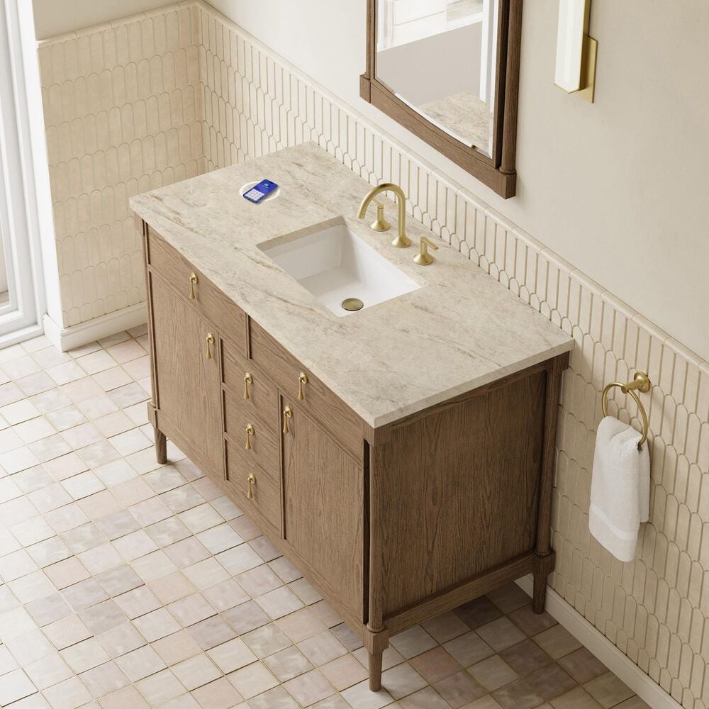 James Martin Kinnsden 48" Single Bathroom Vanity in Weathered Oak with 3 cm Tajnar Eclos Top, Rectangular Sink and FreePower Wireless Charger, , large