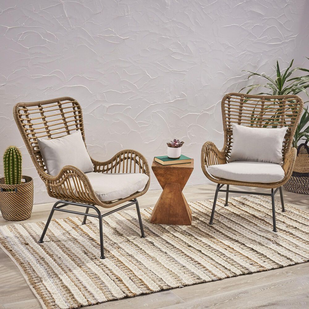 Hearth and Haven Tapscott Patio Club Chair with Beige Cushion in Brown &#40;Set of 2&#41;, , large