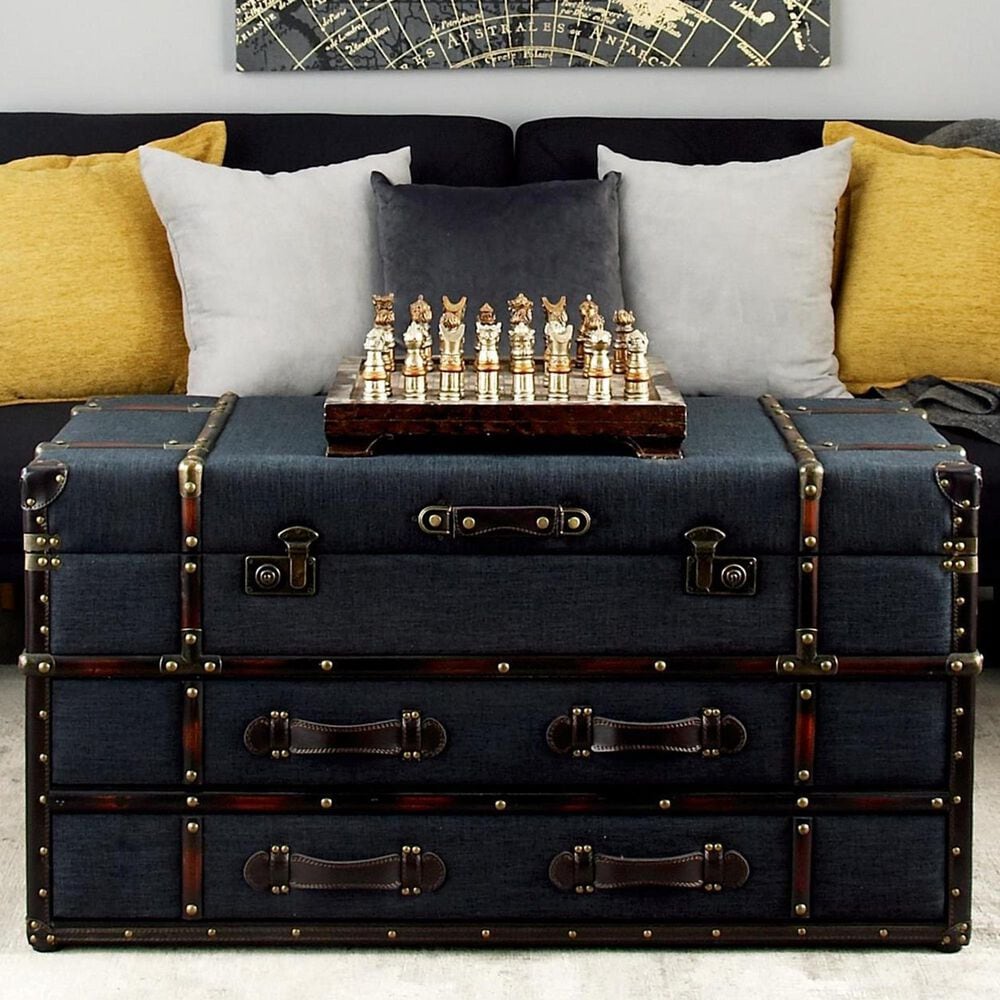 Maple and Jade Upholstered 2-Drawer Coffee Table with Buckle Hinged Top in Dark Blue, , large