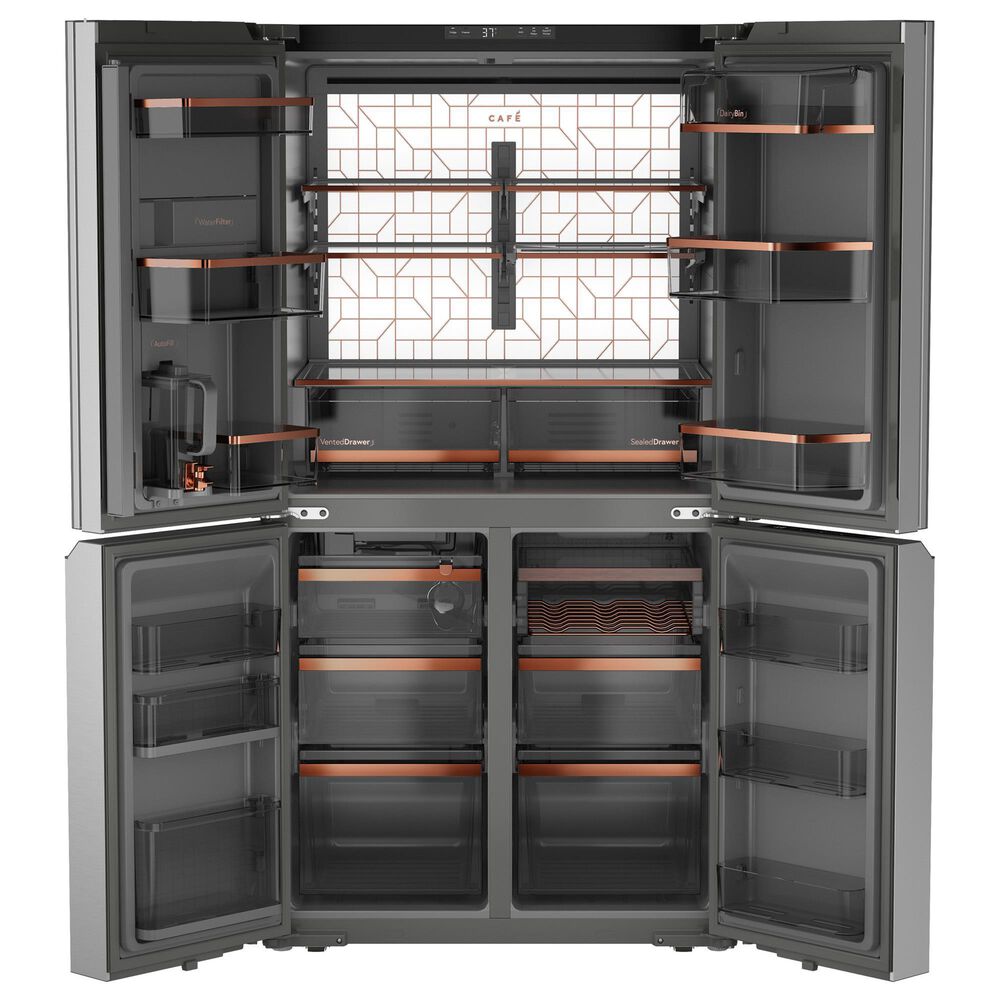 Cafe 28.3 Cu. Ft. Smart Quad Door Refrigerator with Dual Dispense AutoFill Pitcher in Platinum Glass, , large