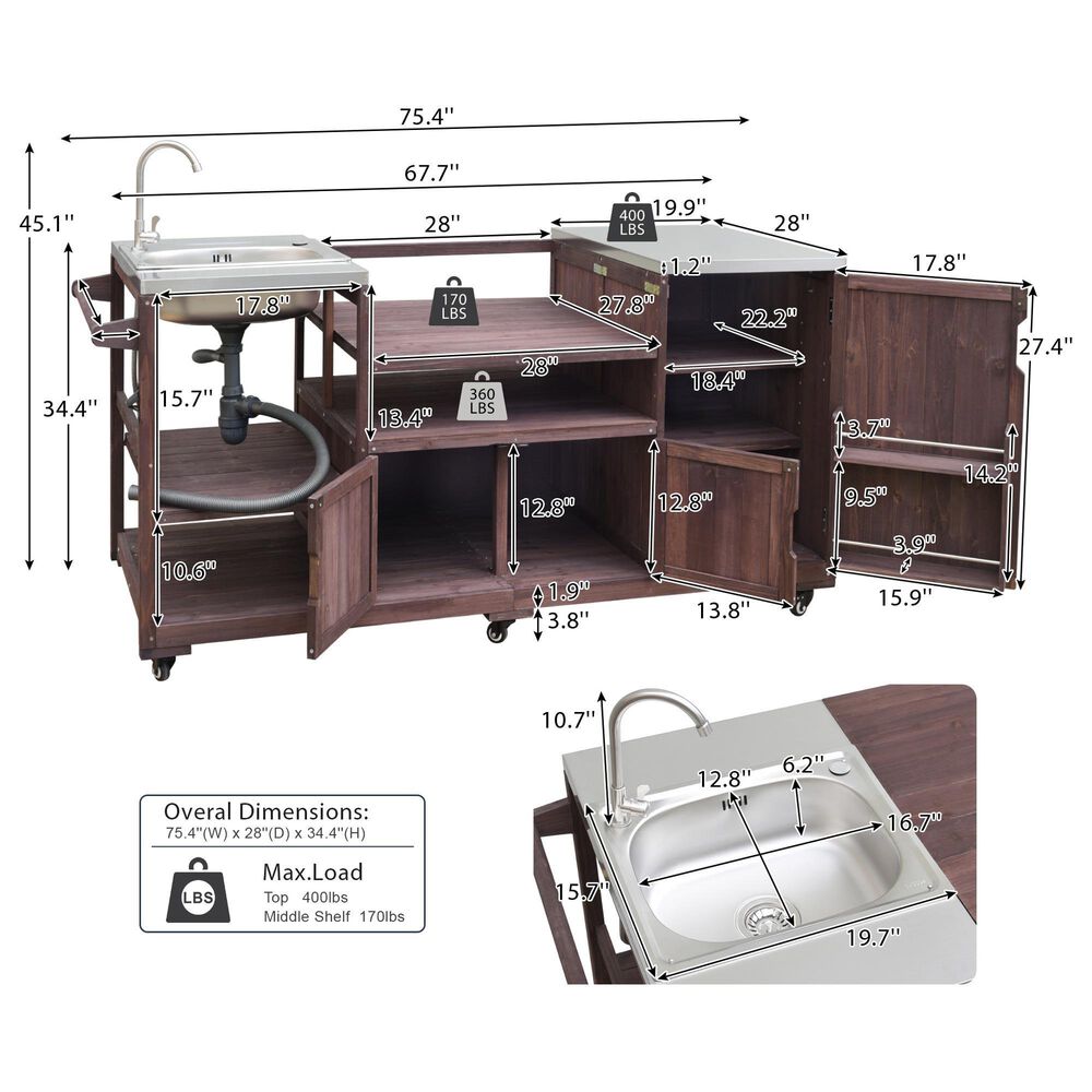 HOMLUX 75.4" Outdoor Kitchen Island with Sink, Solid Wood Outdoor Grill Cart for XL Green Egg Grills, Rolling Outdoor Bar Cart with Stainless Steel Top, for Pizza Prep &amp; BBQ, Brown, , large