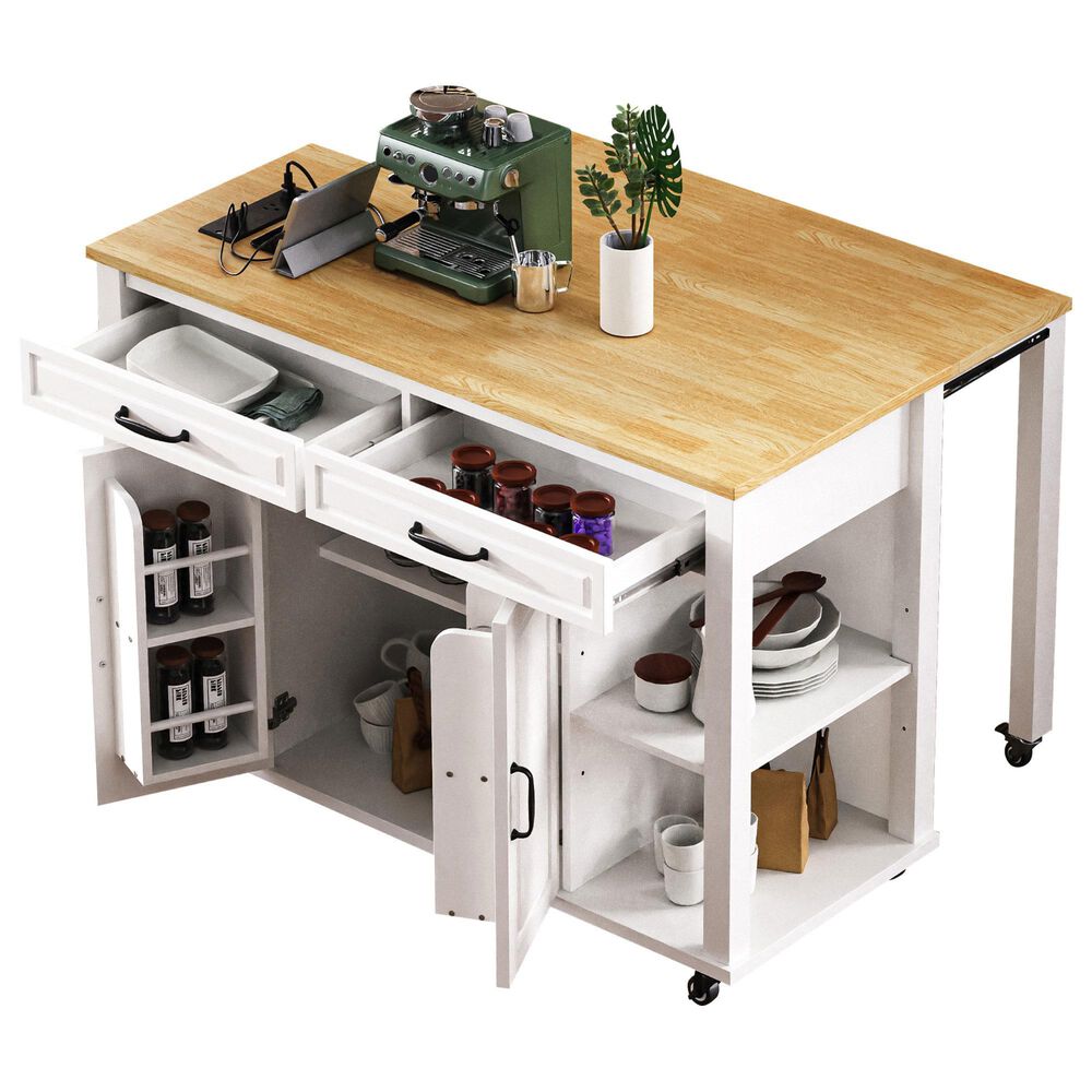 HOMLUX 47" Kitchen Island with Extendable Dining Table in White, , large
