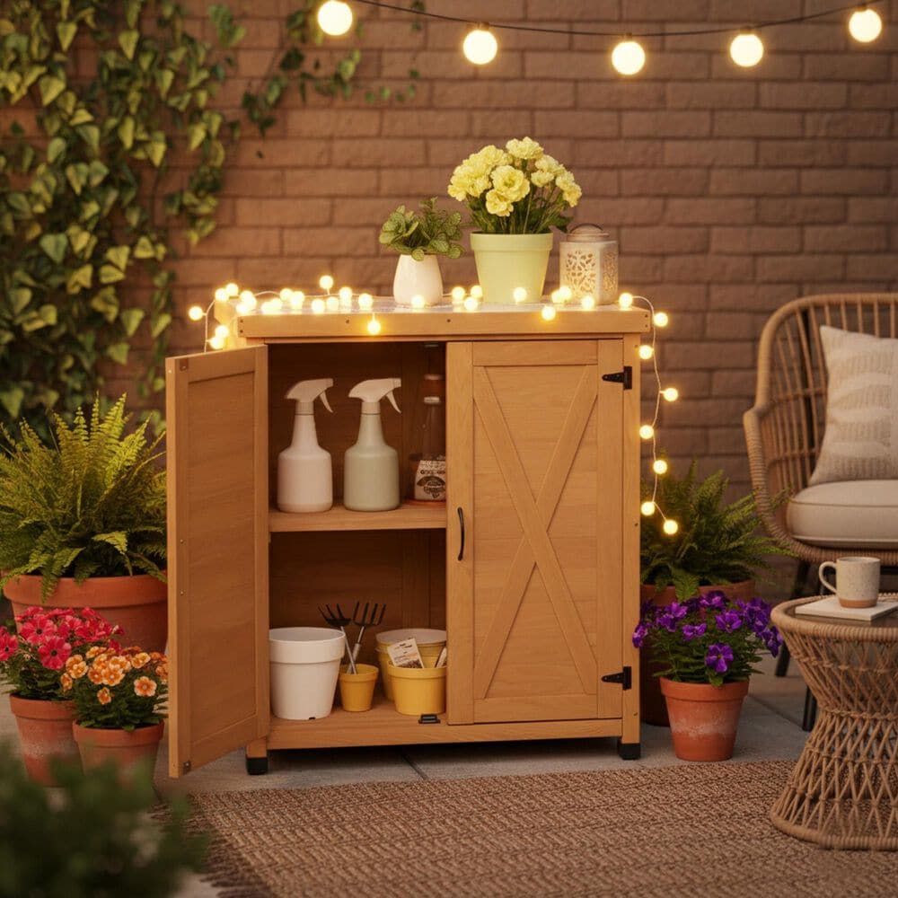 Hearth and Haven Outdoor Wooden Storage Cabinet with Metal Top and Adjustable Protective Footpad in Light Brown, , large
