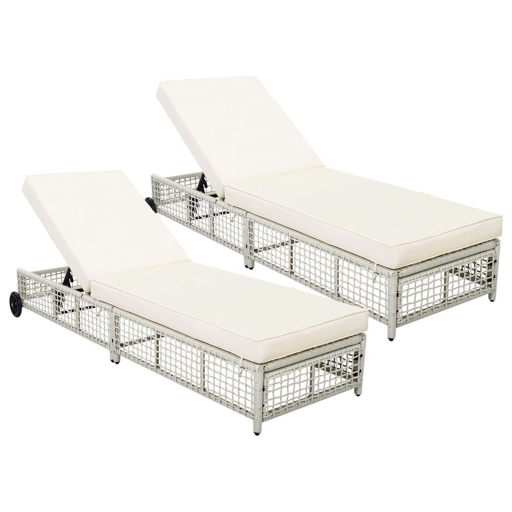 HOMLUX Adjustable Outdoor Chaise Lounge with Wheels and Creamy White Rattan in Beige (Set of 2), , large
