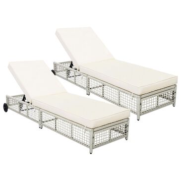 HOMLUX Adjustable Outdoor Chaise Lounge with Wheels and Creamy White Rattan in Beige (Set of 2), , large