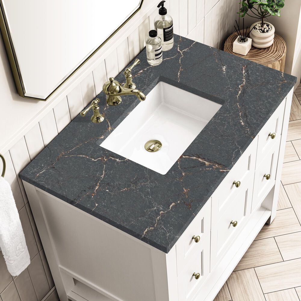 James Martin Vanities Breckenridge 36&quot; Single Bathroom Vanity in Bright White with 3 cm Parisien Bleu Quartz Top and Rectangular Sink, , large