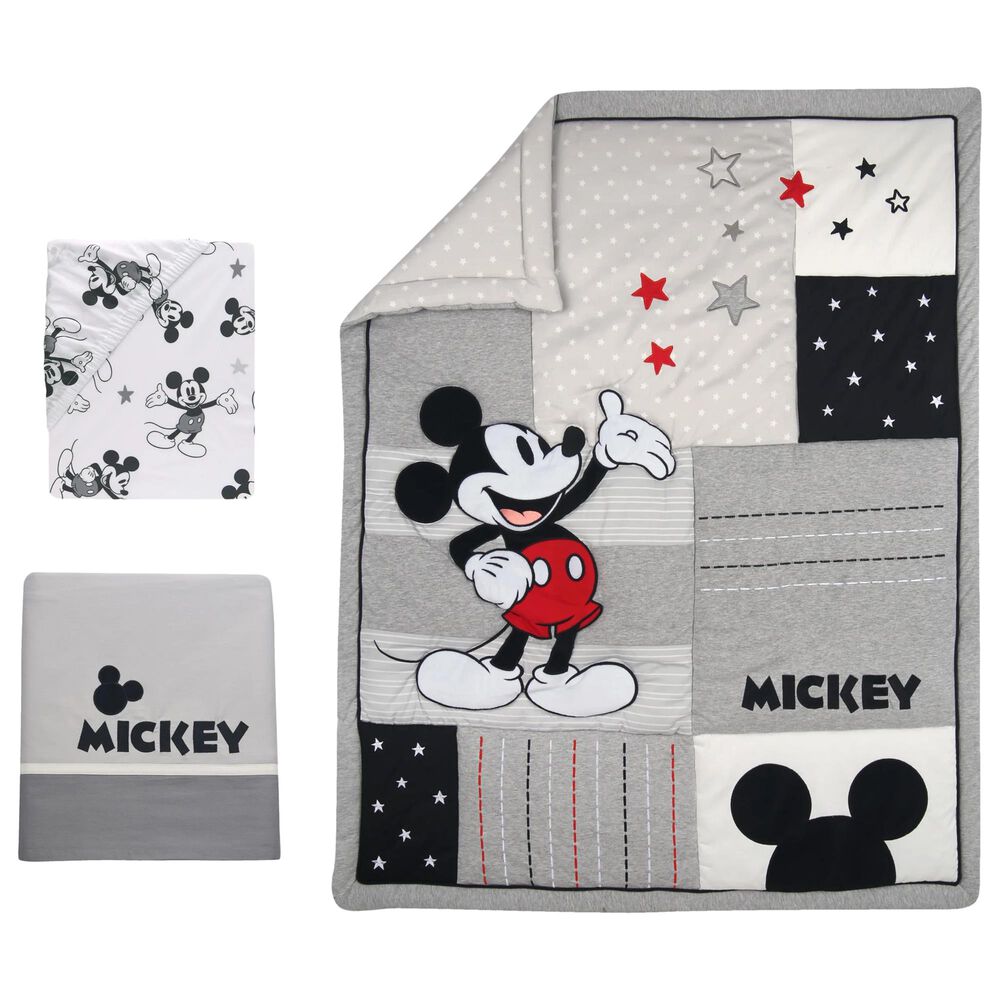Lambs and Ivy Mickey Mouse 3-Piece Crib Bedding Set in White, Black and Grey, , large