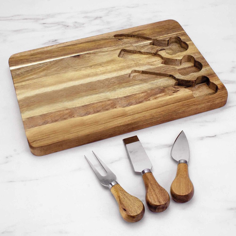 Totally Bamboo 4-Piece Serving Board with Built-In Cheese Tools in Dark Brown, , large