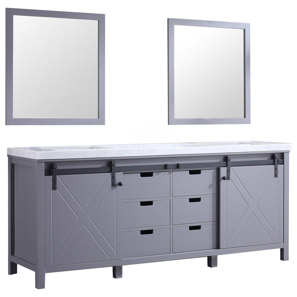 Lexora Home Marsyas 80" Double Bathroom Vanity in Dark Grey with White Carrara Marble Top, Rectangle Sinks and Mirrors, , large