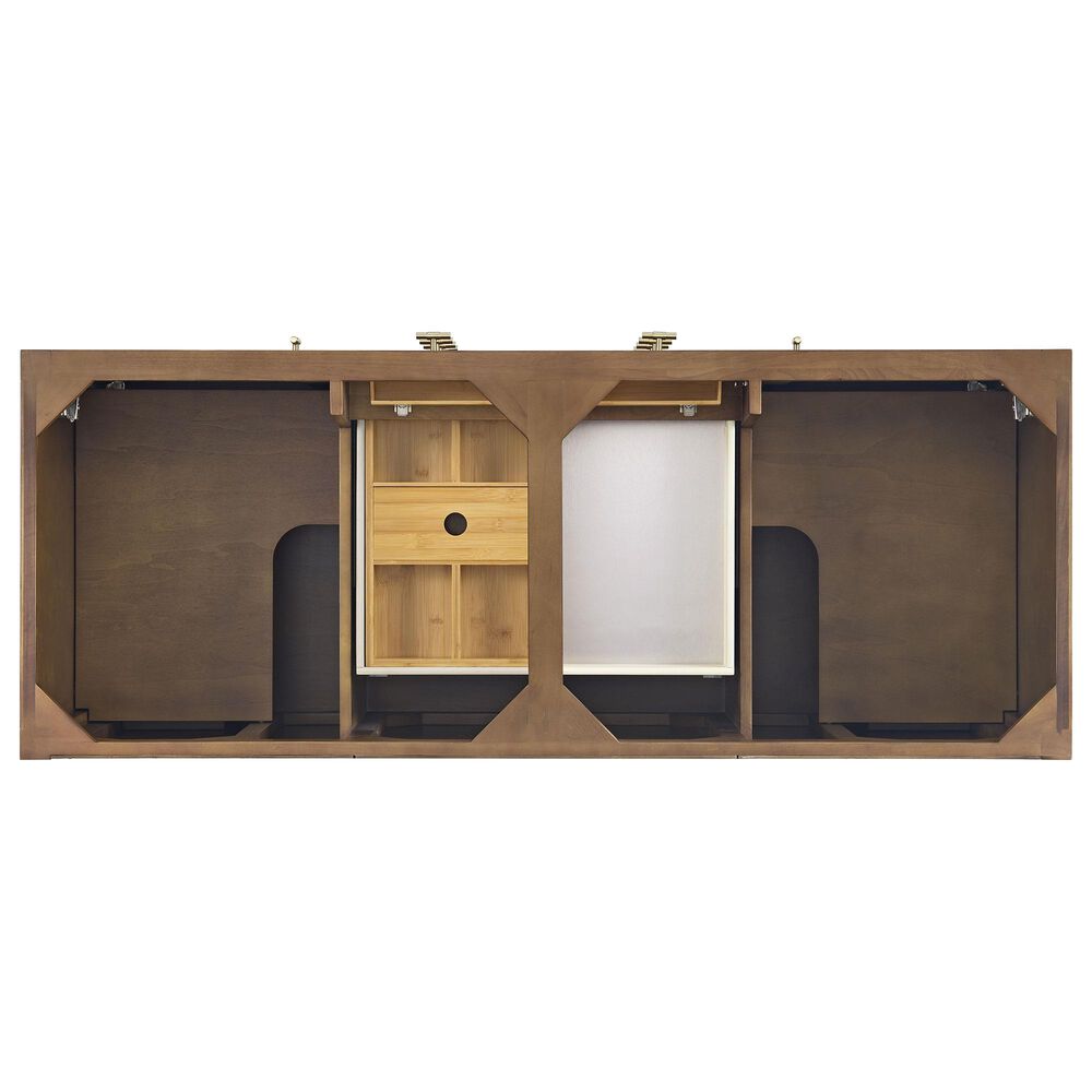 James Martin Vanities Myrrin 60&quot; Double Vanity in Mid Century Walnut with 3 cm Arctic Fall Solid Surface Top, , large